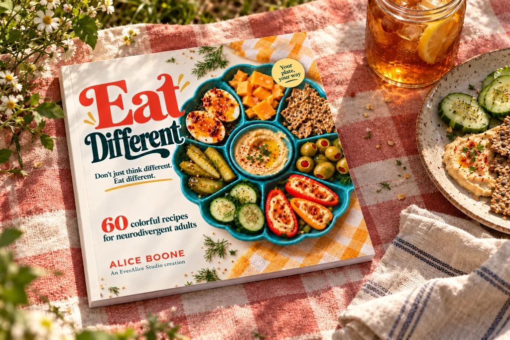 Eat Different cookbook on a coral picnic cloth beside a snack plate and iced tea