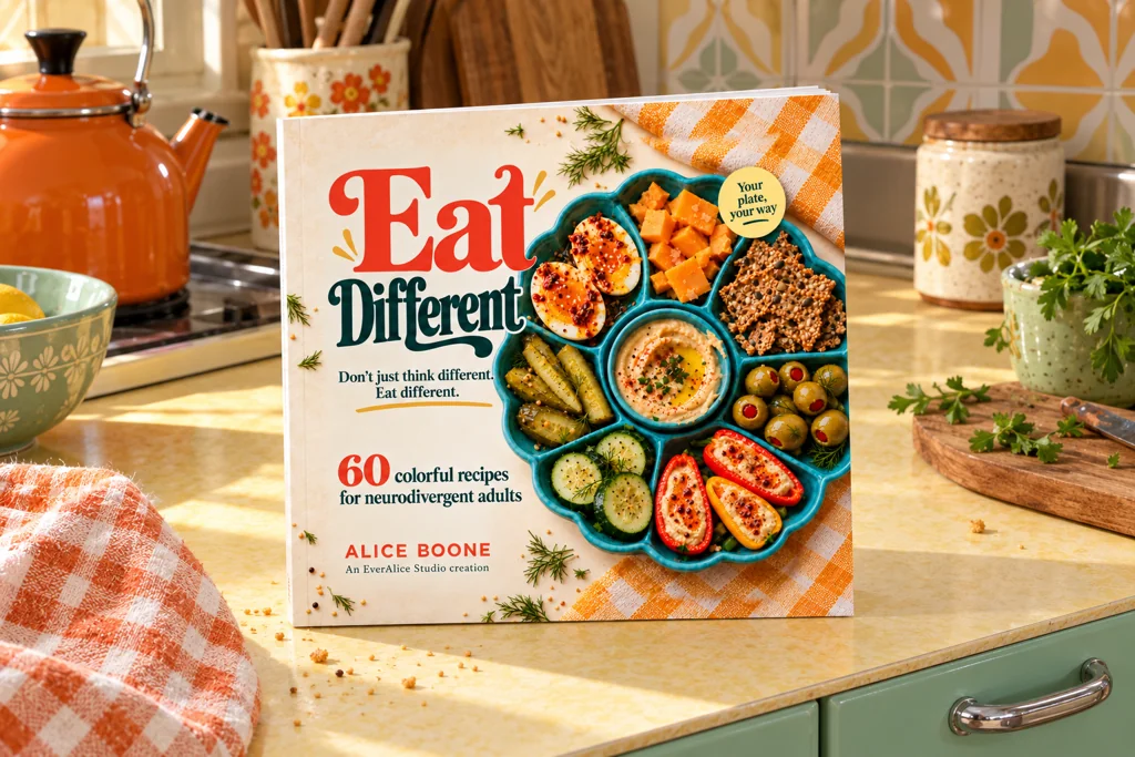 Eat Different paperback in a colorful vintage kitchen