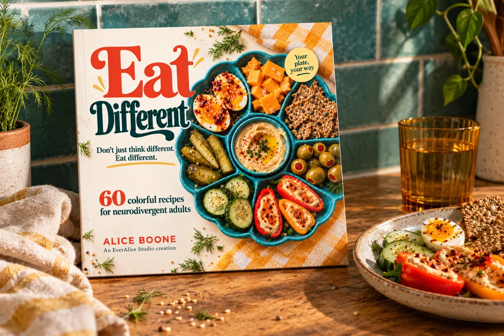 Eat Different paperback beside a savory snack plate, amber glass and teal kitchen tiles